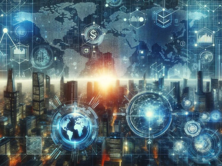 An artistic representation of the global impact of ETFs in finance, featuring a world map, digital elements, and futuristic cityscape.